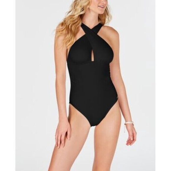 New Michael Kors High Neck Ruched Convertible Swim One-Piece Swimsuit Black 8 - Picture 1 of 5